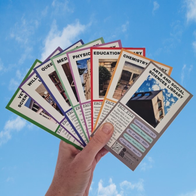A hand holding Library Services Top Trump cards, each displaying information about a different library.